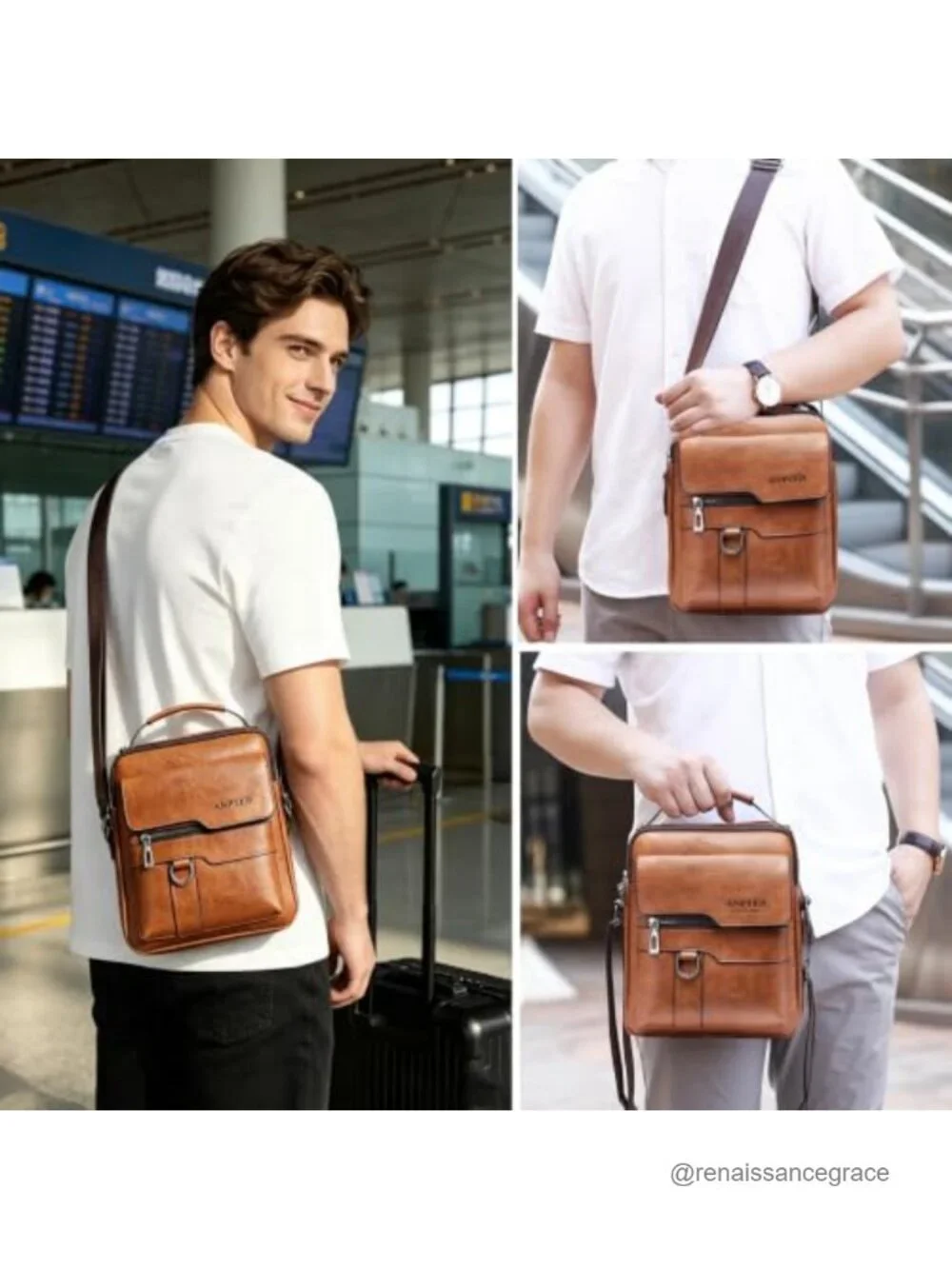 Men's PU Leather Messenger Bag Crossbody Shoulder Satchel with Adjustable Strap